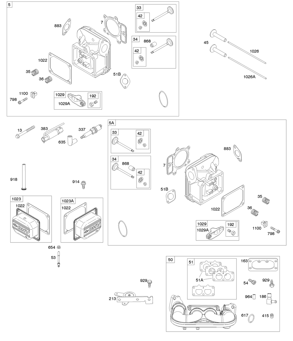 Cylinder Head, Rocker Arm Cover, Intake Manifold Diagram and Parts List for 44R577-0001-H1 400000 - 699999 Briggs and Stratton Engine